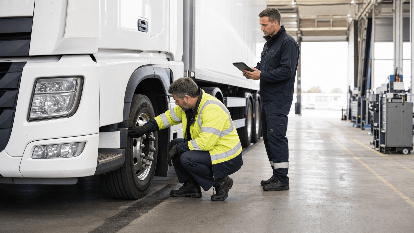 Fleet staff checking an HGV wheel and recording the inspection on a tablet in a service bay.